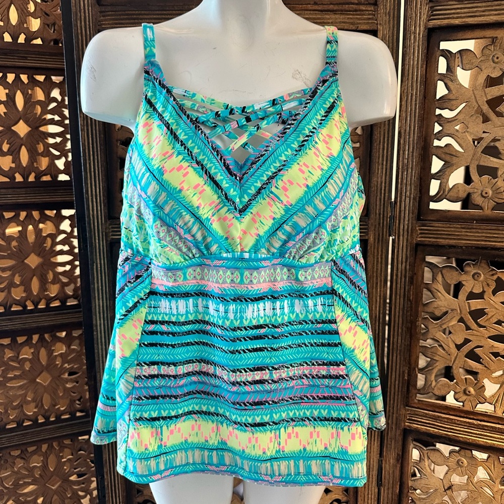 Surfside Multi Color Abstract Criss Cross Detail Bathing / Swim Suit Tankini Top